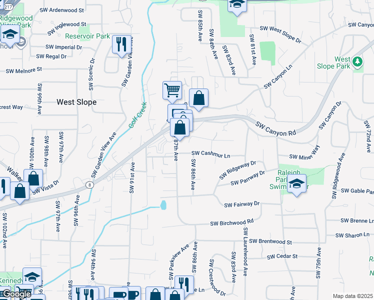 map of restaurants, bars, coffee shops, grocery stores, and more near 8635 Southwest Cashmur Lane in Portland