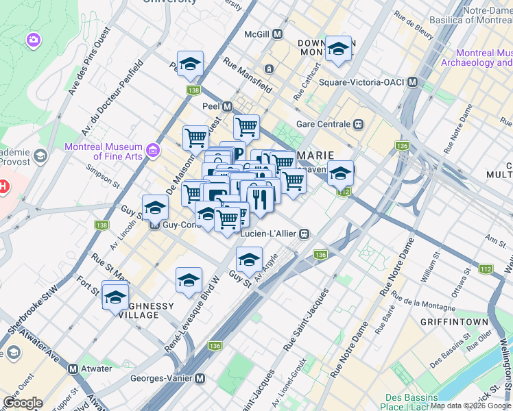 map of restaurants, bars, coffee shops, grocery stores, and more near 1100 Rue de la Montagne in Montréal