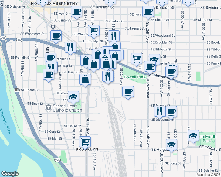 map of restaurants, bars, coffee shops, grocery stores, and more near 3722 Southeast 21st Avenue in Portland