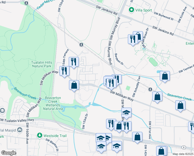 map of restaurants, bars, coffee shops, grocery stores, and more near 14829 Southwest Millikan Way in Beaverton