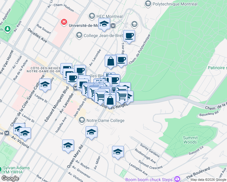 map of restaurants, bars, coffee shops, grocery stores, and more near 3333 Chemin Queen Mary in Montréal