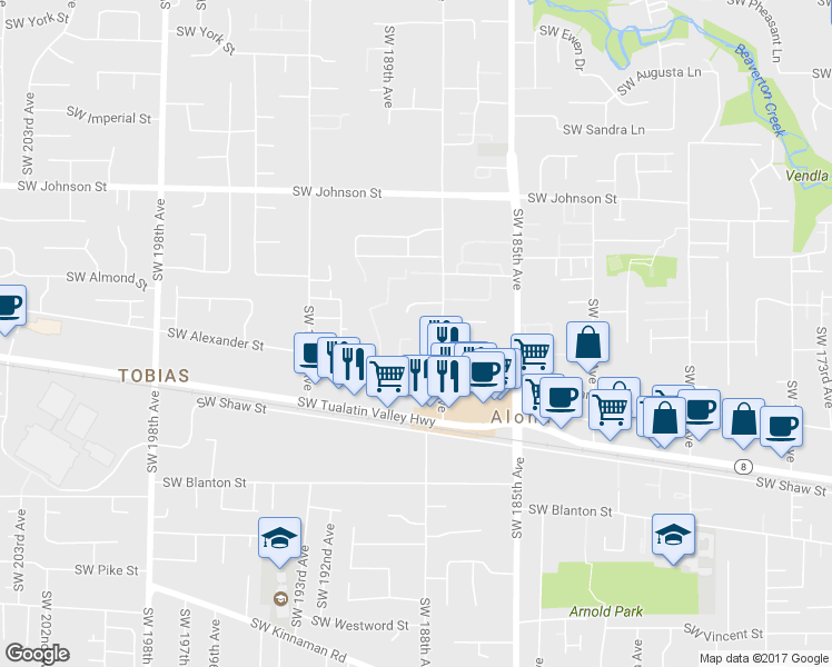 map of restaurants, bars, coffee shops, grocery stores, and more near 3219 Southwest Alicia Place in Beaverton