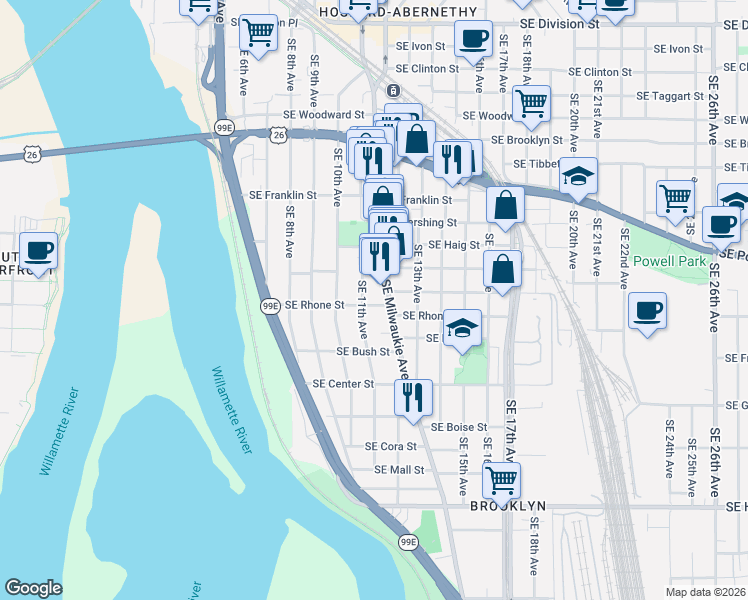 map of restaurants, bars, coffee shops, grocery stores, and more near 1123 Southeast Rhone Street in Portland