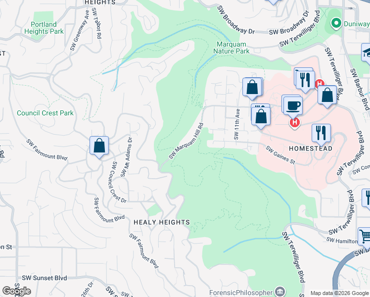map of restaurants, bars, coffee shops, grocery stores, and more near 3706 Southwest Marquam Hill Road in Portland