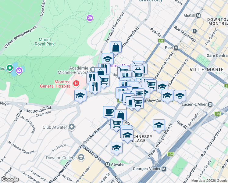 map of restaurants, bars, coffee shops, grocery stores, and more near 3465 Côte-des-Neiges Road in Montreal