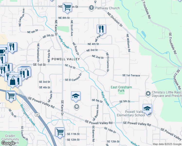 map of restaurants, bars, coffee shops, grocery stores, and more near 3860 Southeast El Camino Drive in Gresham