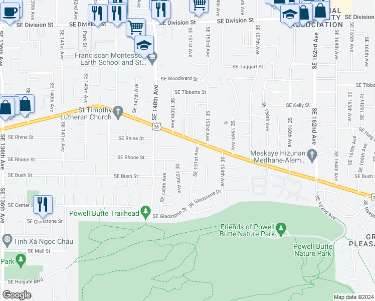 map of restaurants, bars, coffee shops, grocery stores, and more near 3557 Southeast 151st Avenue in Portland