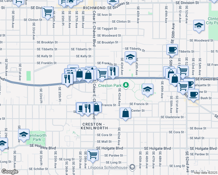 map of restaurants, bars, coffee shops, grocery stores, and more near 3608 Southeast 40th Avenue in Portland