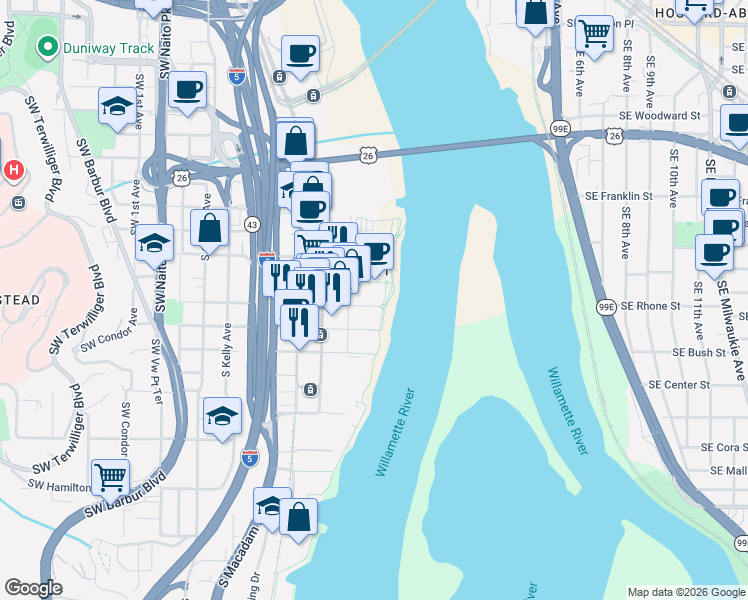 map of restaurants, bars, coffee shops, grocery stores, and more near 841 South Gaines Street in Portland