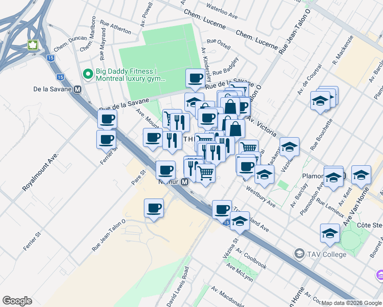 map of restaurants, bars, coffee shops, grocery stores, and more near 7501 Avenue Mountain Sights in Montréal