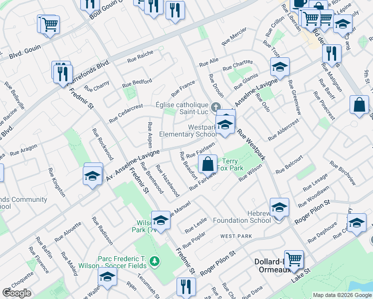 map of restaurants, bars, coffee shops, grocery stores, and more near 133 Avenue Anselme-Lavigne in Dollard-des-Ormeaux