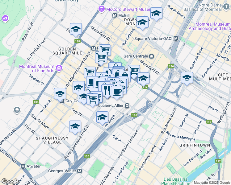 map of restaurants, bars, coffee shops, grocery stores, and more near 1260 Rue De la Gauchetière Ouest in Montréal