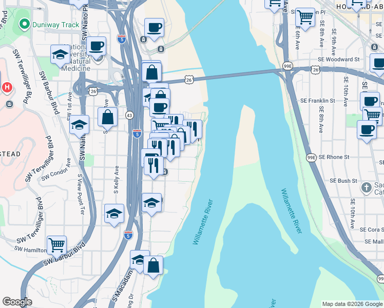 map of restaurants, bars, coffee shops, grocery stores, and more near 841 South Gaines Street in Portland