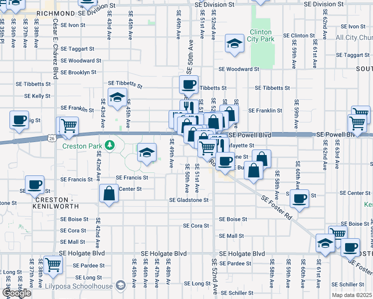 map of restaurants, bars, coffee shops, grocery stores, and more near 5010 Southeast Foster Road in Portland