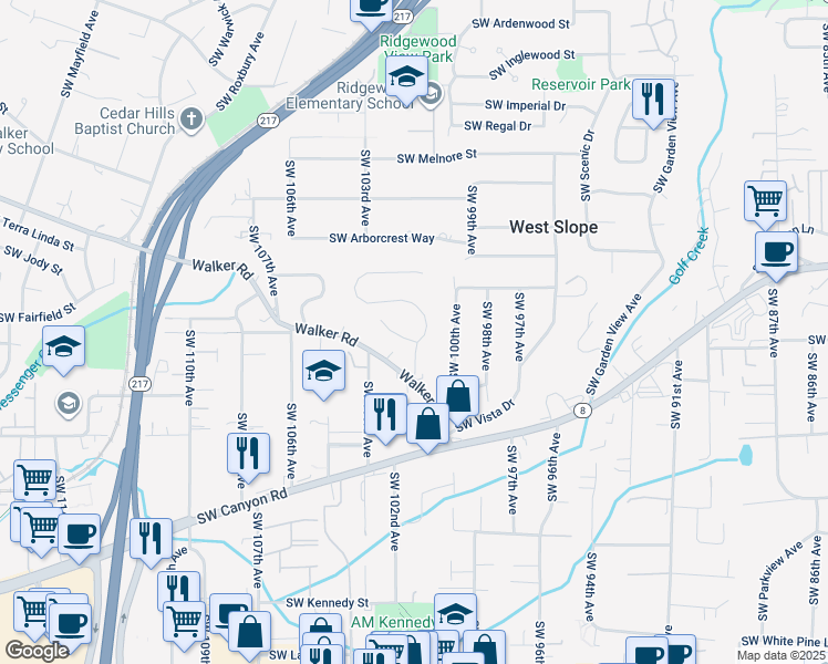 map of restaurants, bars, coffee shops, grocery stores, and more near 10125 Southwest Old Orchard Lane in Portland