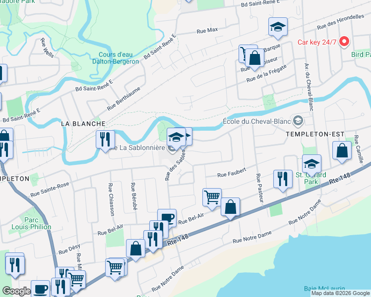 map of restaurants, bars, coffee shops, grocery stores, and more near 150 Rue des Sables in Gatineau