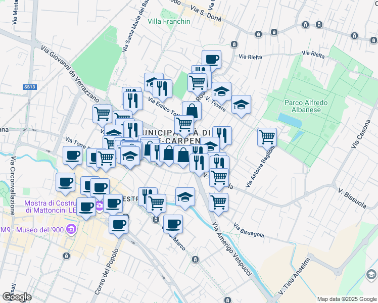 map of restaurants, bars, coffee shops, grocery stores, and more near 1A Via Amerigo Vespucci in Venezia
