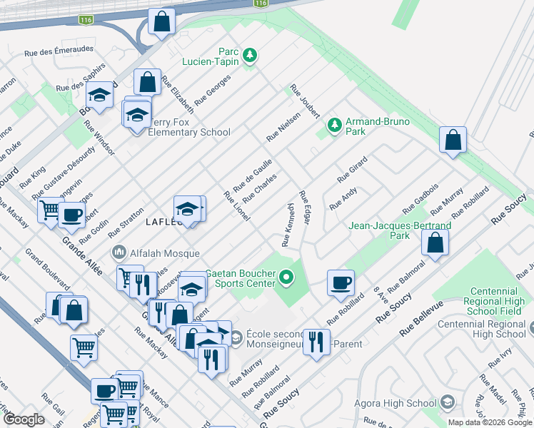 map of restaurants, bars, coffee shops, grocery stores, and more near 1533 Rue Montgomery in Longueuil
