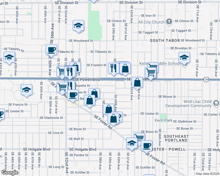 map of restaurants, bars, coffee shops, grocery stores, and more near 5904 Southeast Lafayette Street in Portland