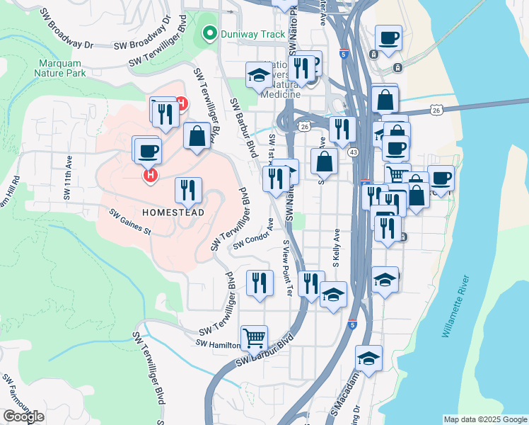 map of restaurants, bars, coffee shops, grocery stores, and more near 3701 Southwest Condor Avenue in Portland