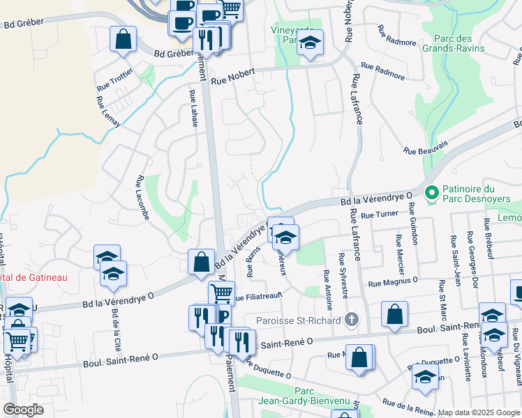 map of restaurants, bars, coffee shops, grocery stores, and more near 7 Rue du Coteau in Gatineau