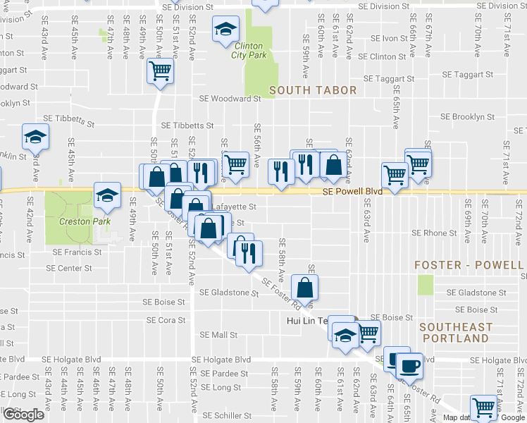map of restaurants, bars, coffee shops, grocery stores, and more near 5640 Southeast Lafayette Street in Portland