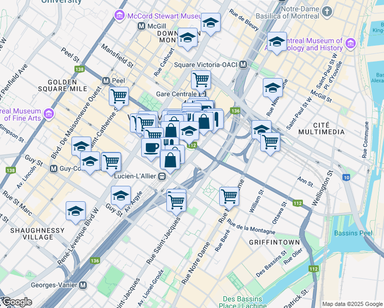 map of restaurants, bars, coffee shops, grocery stores, and more near 1111 Rue Saint-Antoine Ouest in Montréal