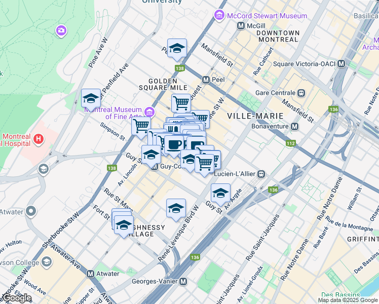 map of restaurants, bars, coffee shops, grocery stores, and more near 1396 Rue Sainte-Catherine Ouest in Montréal