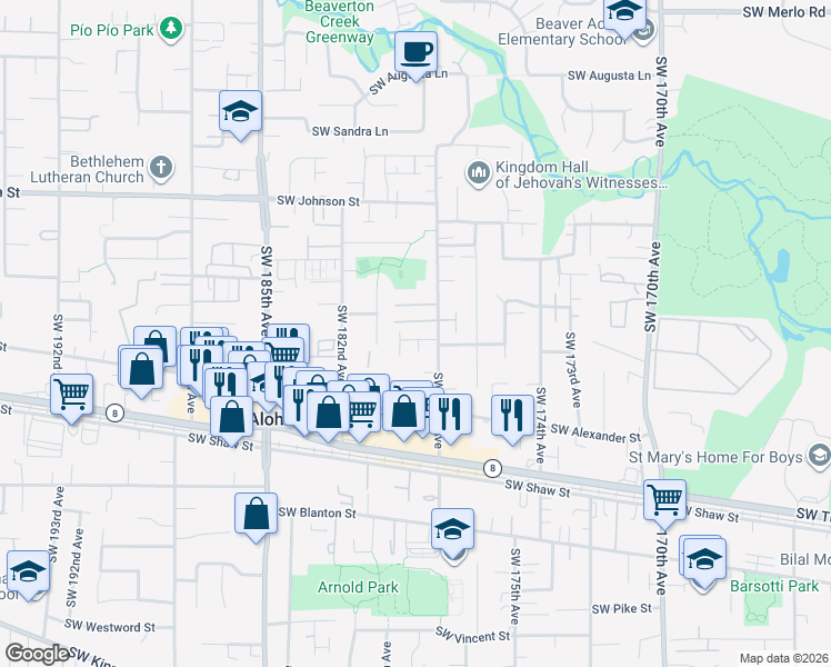 map of restaurants, bars, coffee shops, grocery stores, and more near 17893 Southwest Wakem Street in Beaverton