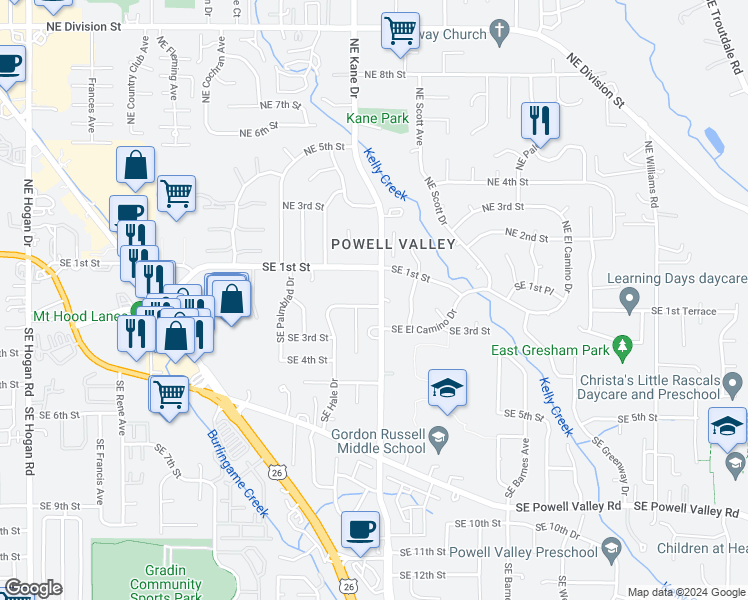 map of restaurants, bars, coffee shops, grocery stores, and more near in Gresham