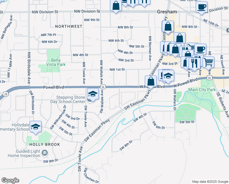 map of restaurants, bars, coffee shops, grocery stores, and more near 1160-1180 Powell Boulevard in Gresham