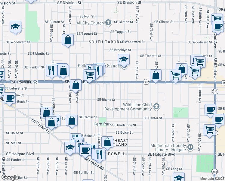 map of restaurants, bars, coffee shops, grocery stores, and more near 3553 Southeast 68th Avenue in Portland