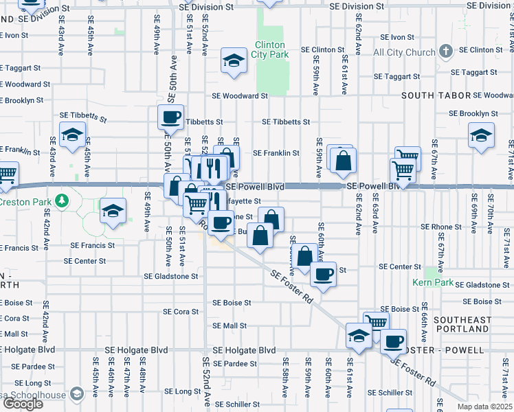 map of restaurants, bars, coffee shops, grocery stores, and more near 5532 Southeast Lafayette Street in Portland