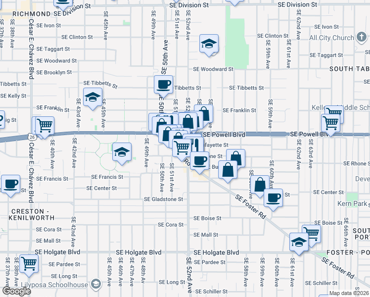 map of restaurants, bars, coffee shops, grocery stores, and more near 5045 Southeast Foster Road in Portland