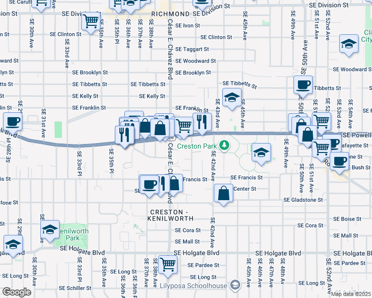 map of restaurants, bars, coffee shops, grocery stores, and more near 3630 Southeast Cesar Estrada Chavez Boulevard in Portland