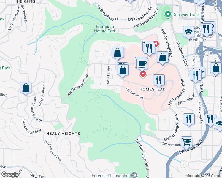 map of restaurants, bars, coffee shops, grocery stores, and more near 1044 Southwest Gaines Street in Portland