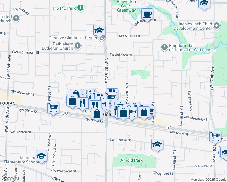 map of restaurants, bars, coffee shops, grocery stores, and more near 3280 Southwest 185th Avenue in Aloha