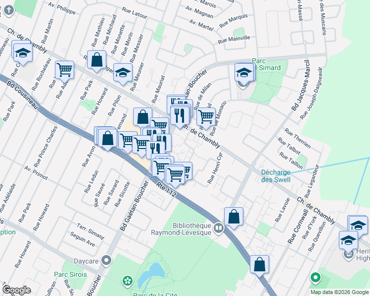 map of restaurants, bars, coffee shops, grocery stores, and more near 2355 Rue Henri-Cyr in Longueuil
