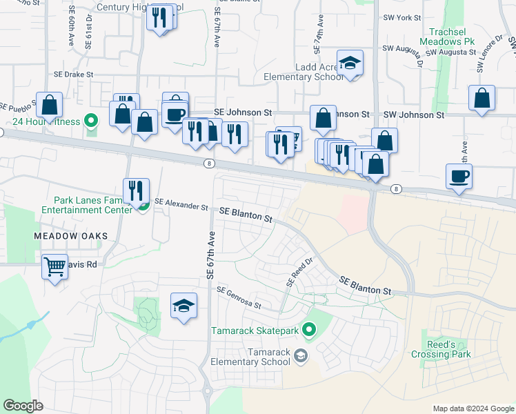 map of restaurants, bars, coffee shops, grocery stores, and more near 6975 Southeast Blanton Street in Hillsboro