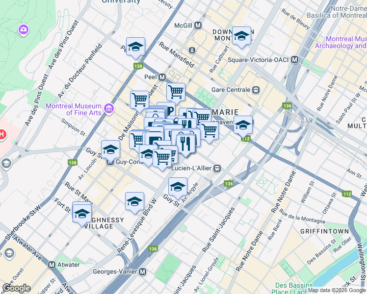 map of restaurants, bars, coffee shops, grocery stores, and more near 1325 Boulevard René-Lévesque Ouest in Montréal