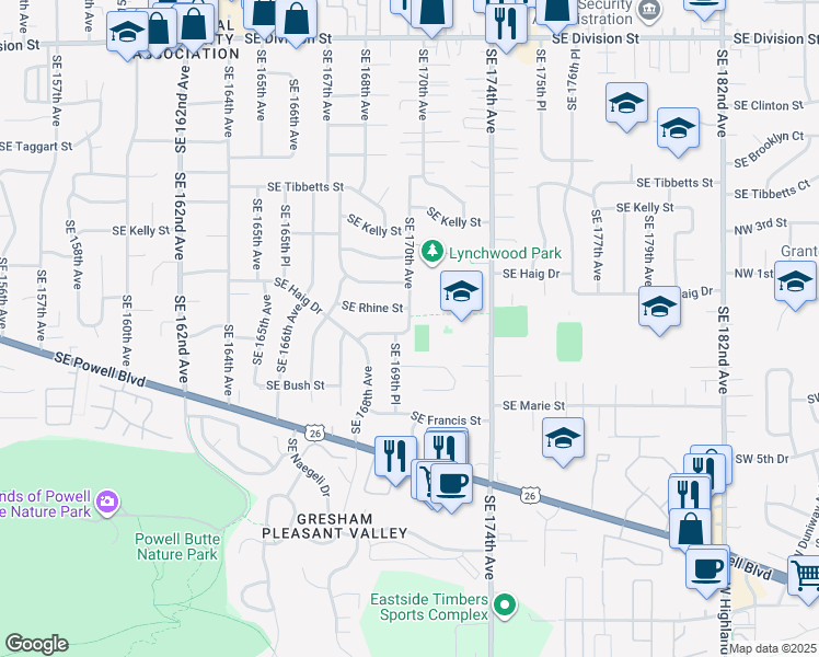 map of restaurants, bars, coffee shops, grocery stores, and more near 3500-3598 SE 170th Ave in Portland