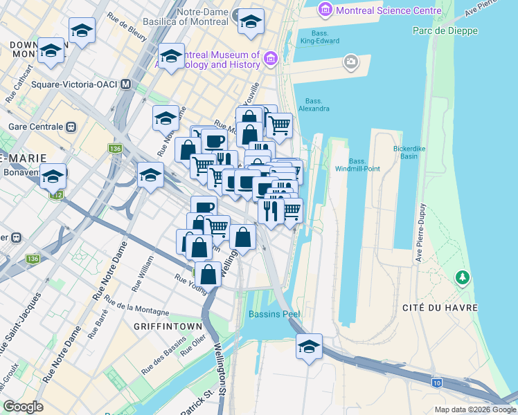 map of restaurants, bars, coffee shops, grocery stores, and more near 80 Rue Prince in Montréal
