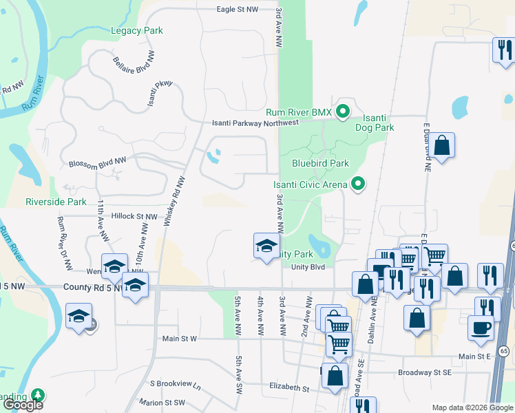 map of restaurants, bars, coffee shops, grocery stores, and more near 603 3rd Avenue Northwest in Isanti
