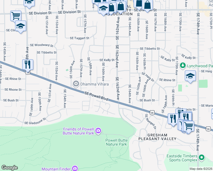 map of restaurants, bars, coffee shops, grocery stores, and more near 3540 Southeast 160th Avenue in Portland