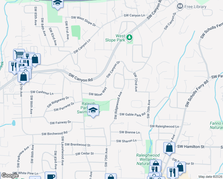 map of restaurants, bars, coffee shops, grocery stores, and more near 3195 Southwest Grace Lane in Portland