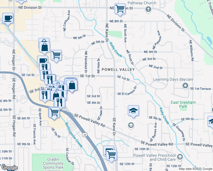 map of restaurants, bars, coffee shops, grocery stores, and more near 3201 Southeast 2nd Street in Gresham