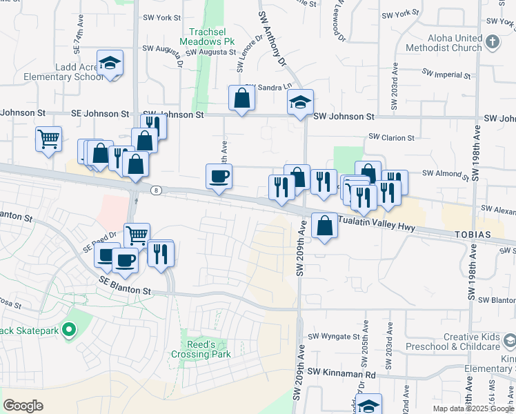 map of restaurants, bars, coffee shops, grocery stores, and more near 21216-21398 SW Tualatin Valley Hwy in Aloha