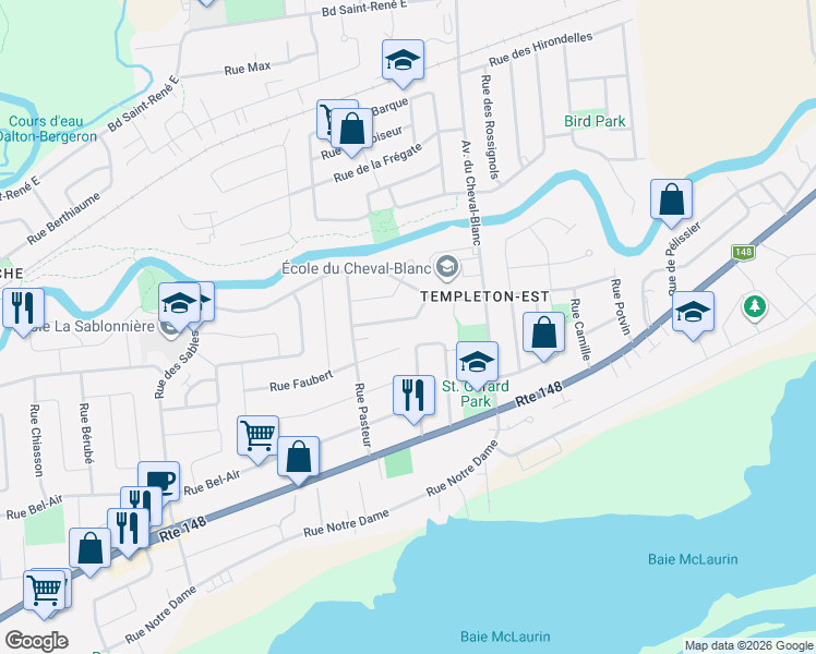 map of restaurants, bars, coffee shops, grocery stores, and more near 64 Rue de la Malbaie in Gatineau