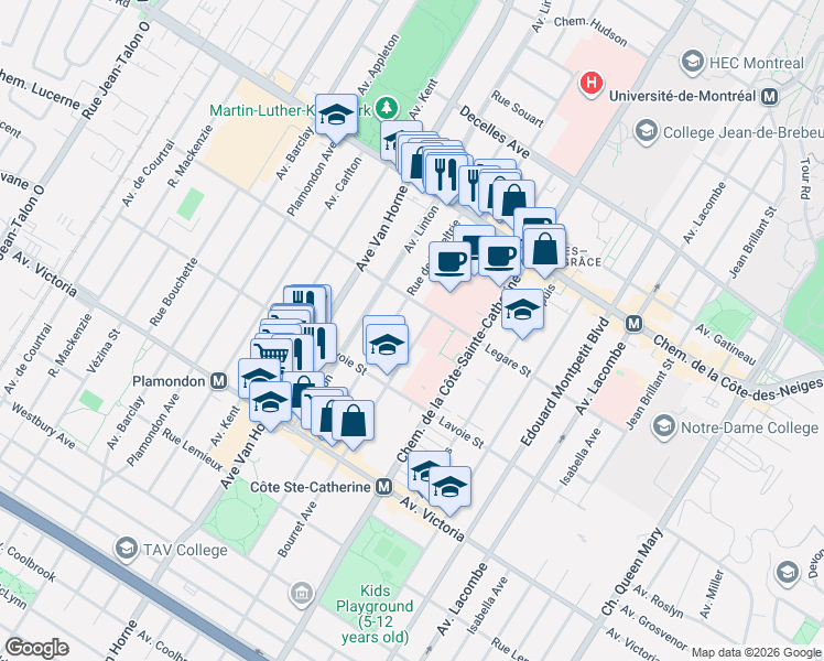 map of restaurants, bars, coffee shops, grocery stores, and more near 4155 Avenue Bourret in Montréal