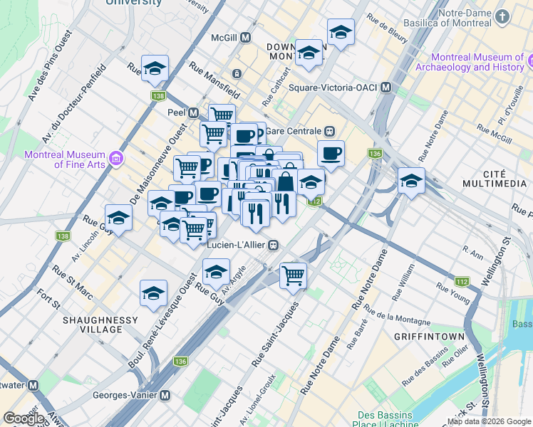 map of restaurants, bars, coffee shops, grocery stores, and more near 1050 Rue Drummond in Montrã©Al